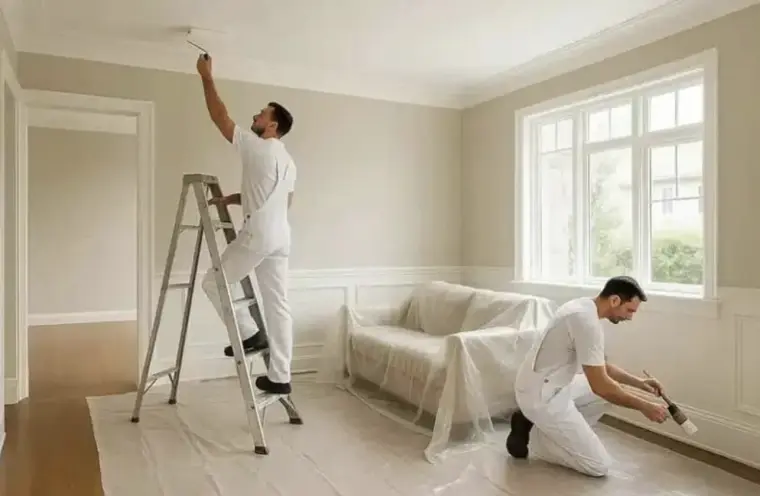 Two painters rolling a ceiling with the furniture covered